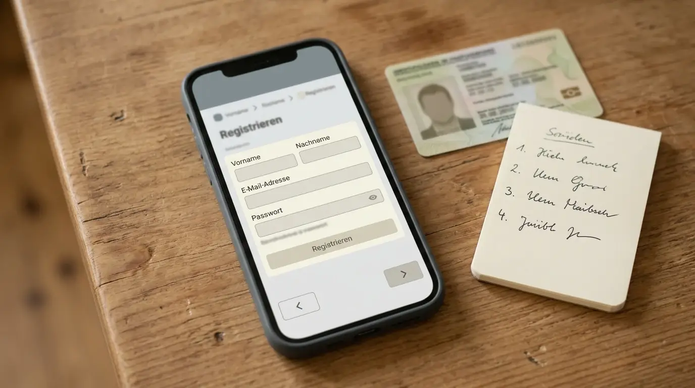 Smartphone mit Anmeldeformular neben aufgeschlagenem Ausweisdokument und Notizzettel