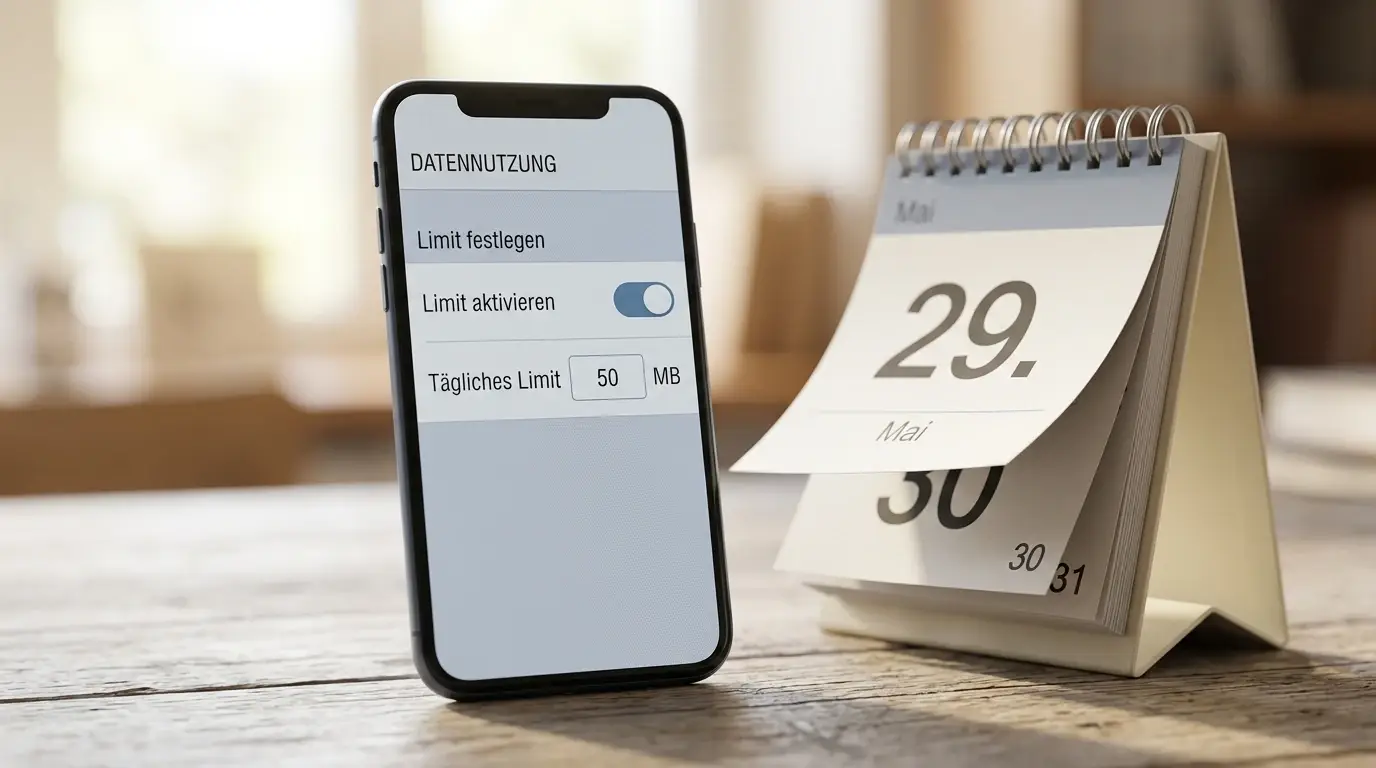 Smartphone mit geöffneter Limit-Einstellung, daneben Kalender mit markiertem Monatsende