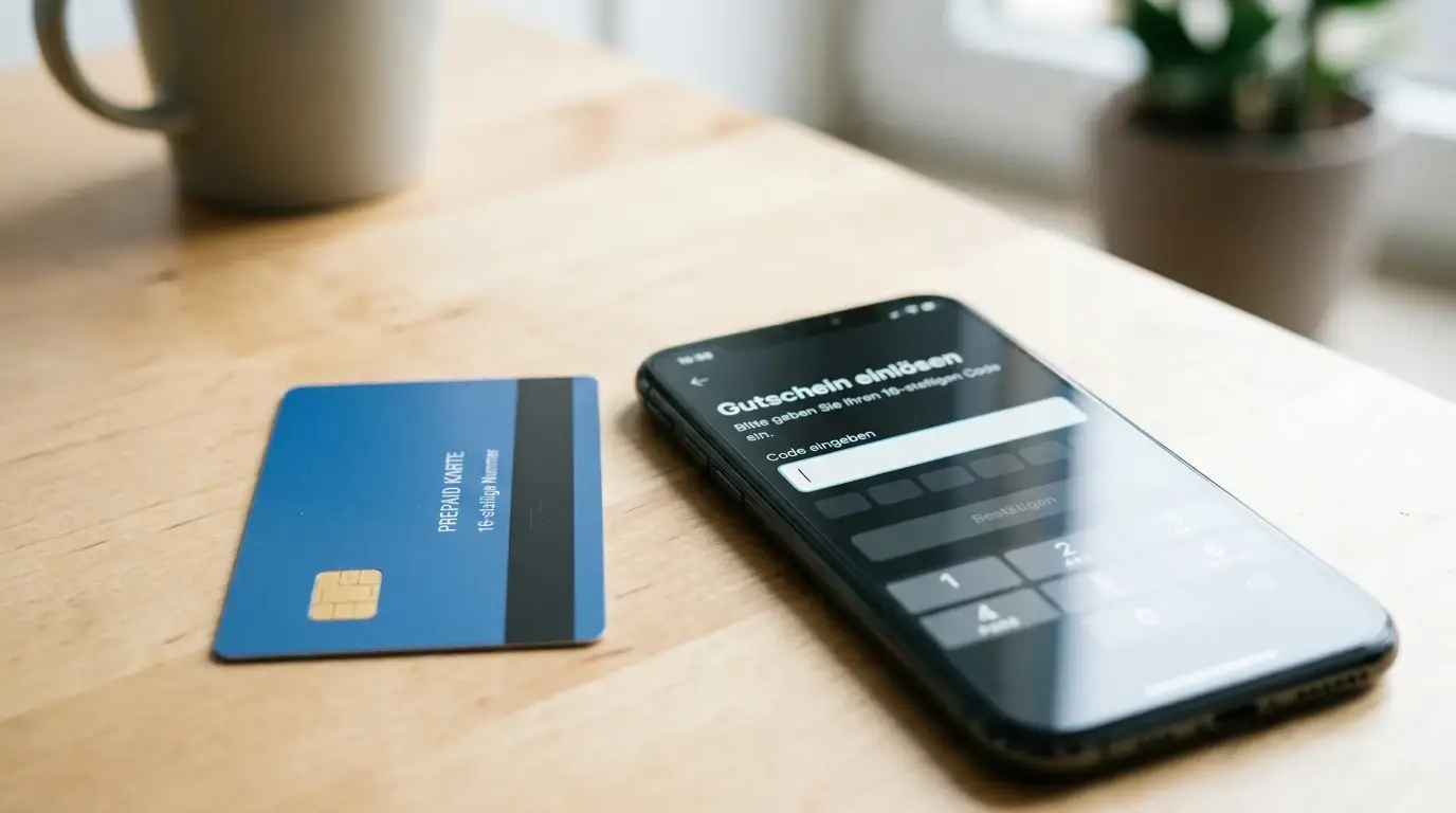 Prepaid-Karte neben einem Smartphone mit Eingabefeld auf einer hellen Tischplatte