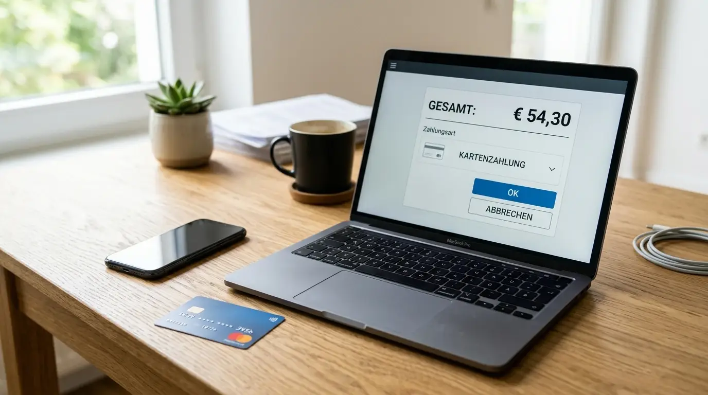 Handy und Prepaid-Karte neben einem Laptop mit Kassenbereich