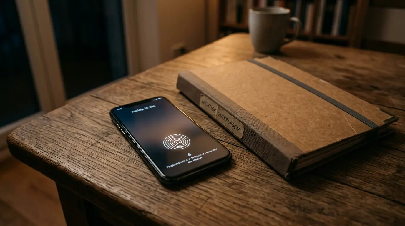 Smartphone mit aktivierter Gerätesperre auf einem Tisch, daneben eine geschlossene Dokumentenmappe