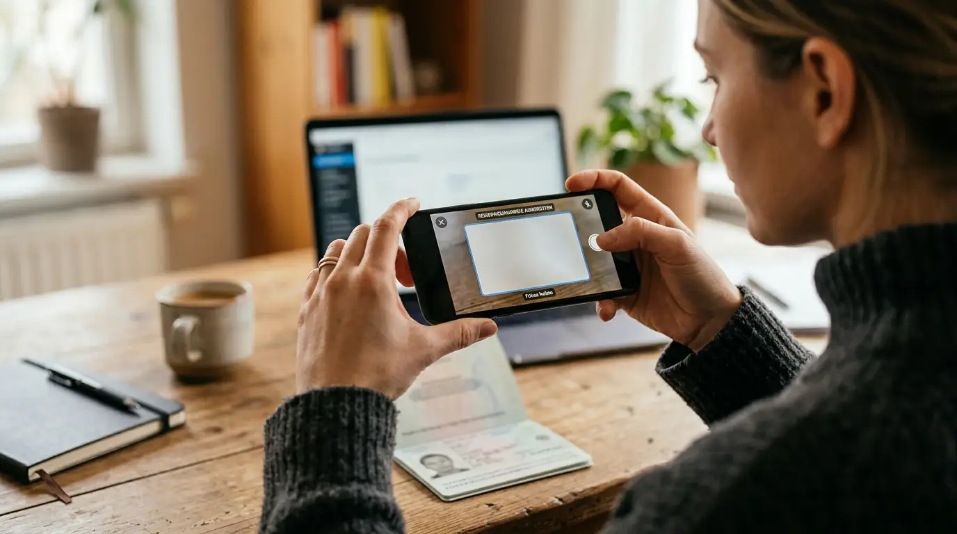 Person hält Smartphone mit Ausweisdokument vor der Kamera, im Hintergrund ein Laptop