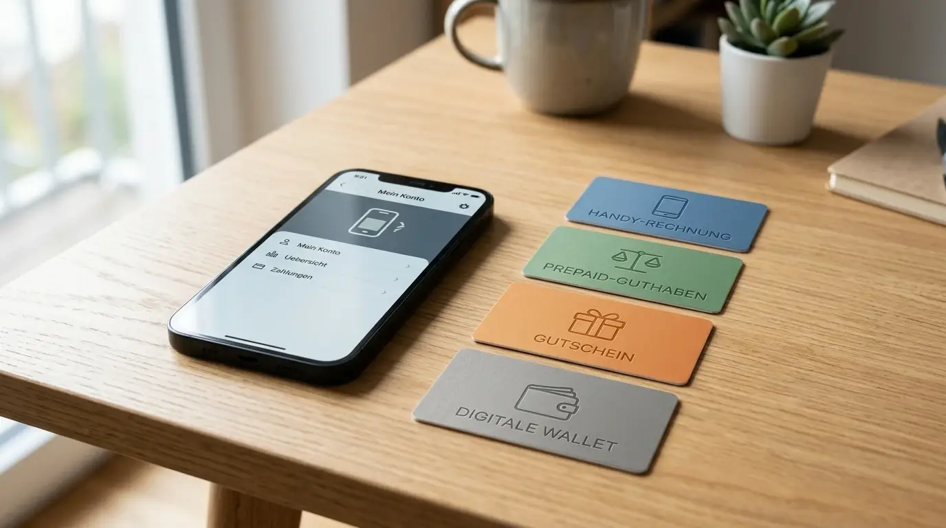 Vergleich von Handyrechnung, Prepaid-Guthaben, Gutschein und Wallet auf einem neutralen Schreibtisch