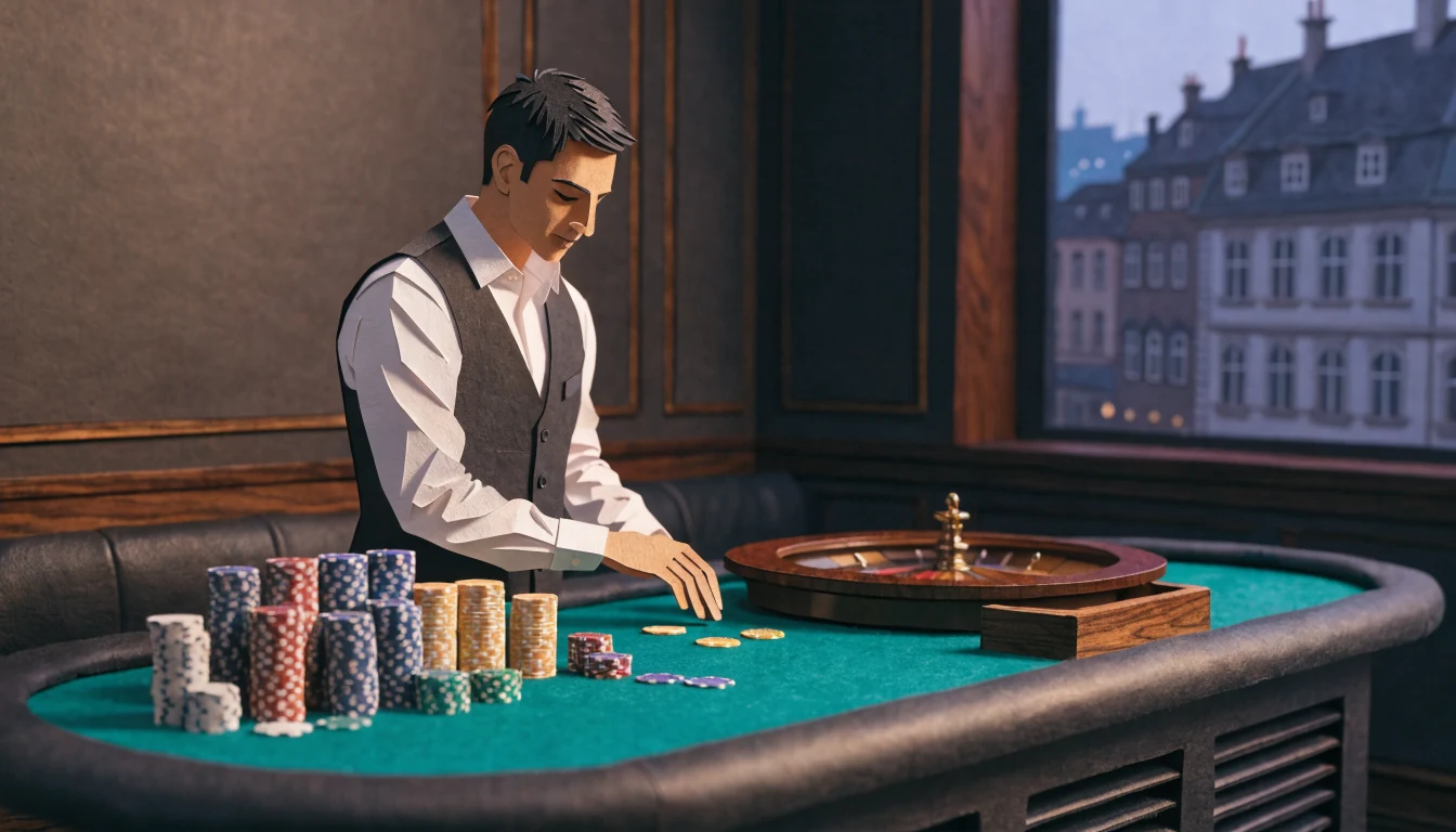 Professioneller Live-Dealer in einem deutschen Casino-Studio am Roulette-Tisch mit Chips und Roulettekessel.