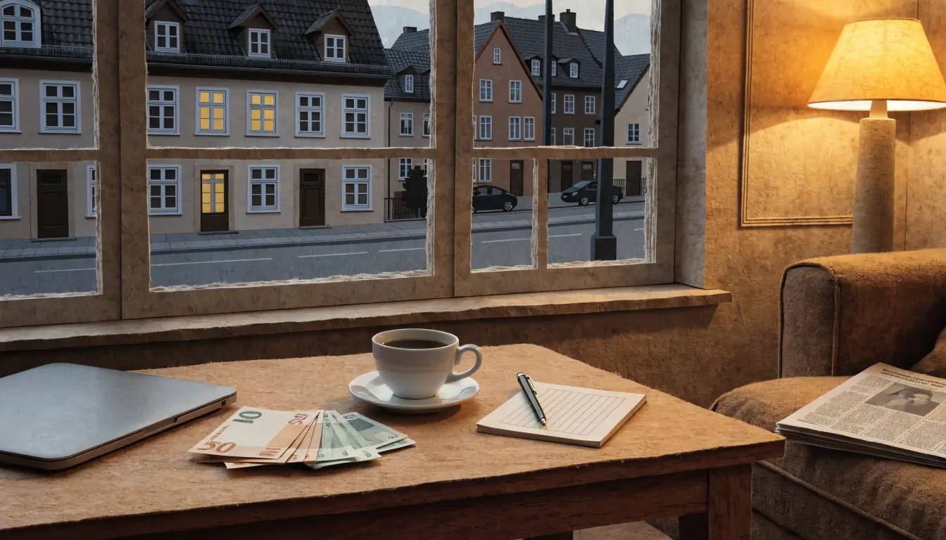 Abendliches Wohnzimmer mit Laptop, Euro-Scheinen und Notizblock auf dem Tisch