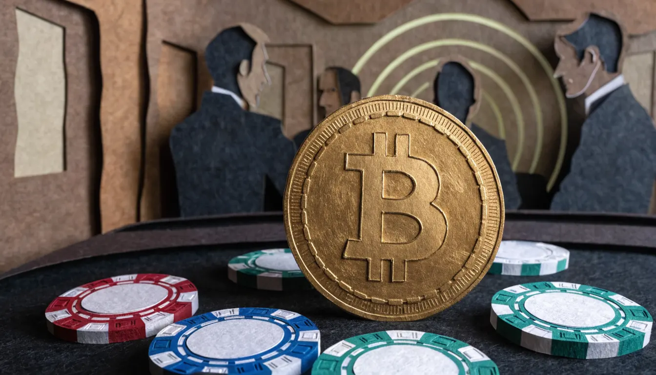 Bitcoin-Münze auf Casinotisch mit Chips und Roulette im Hintergrund