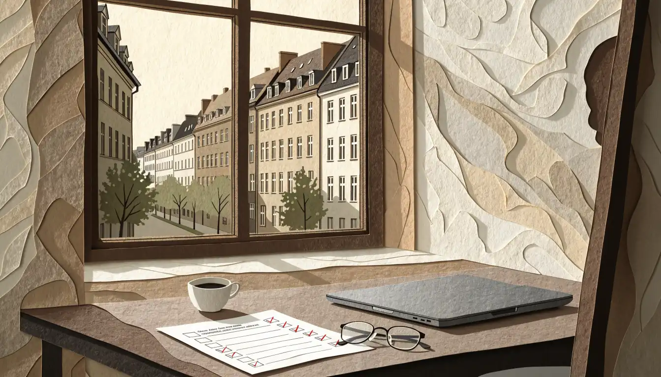 Schreibtisch mit Laptop und Checkliste vor Berliner Fenster