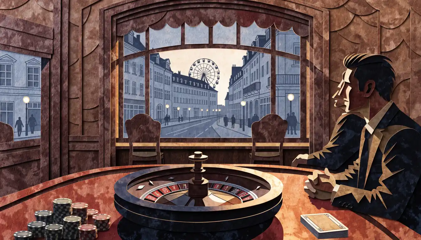 Stimmungsvolles Casino-Ambiente mit Roulette, Chips und europäischer Skyline durch das Fenster