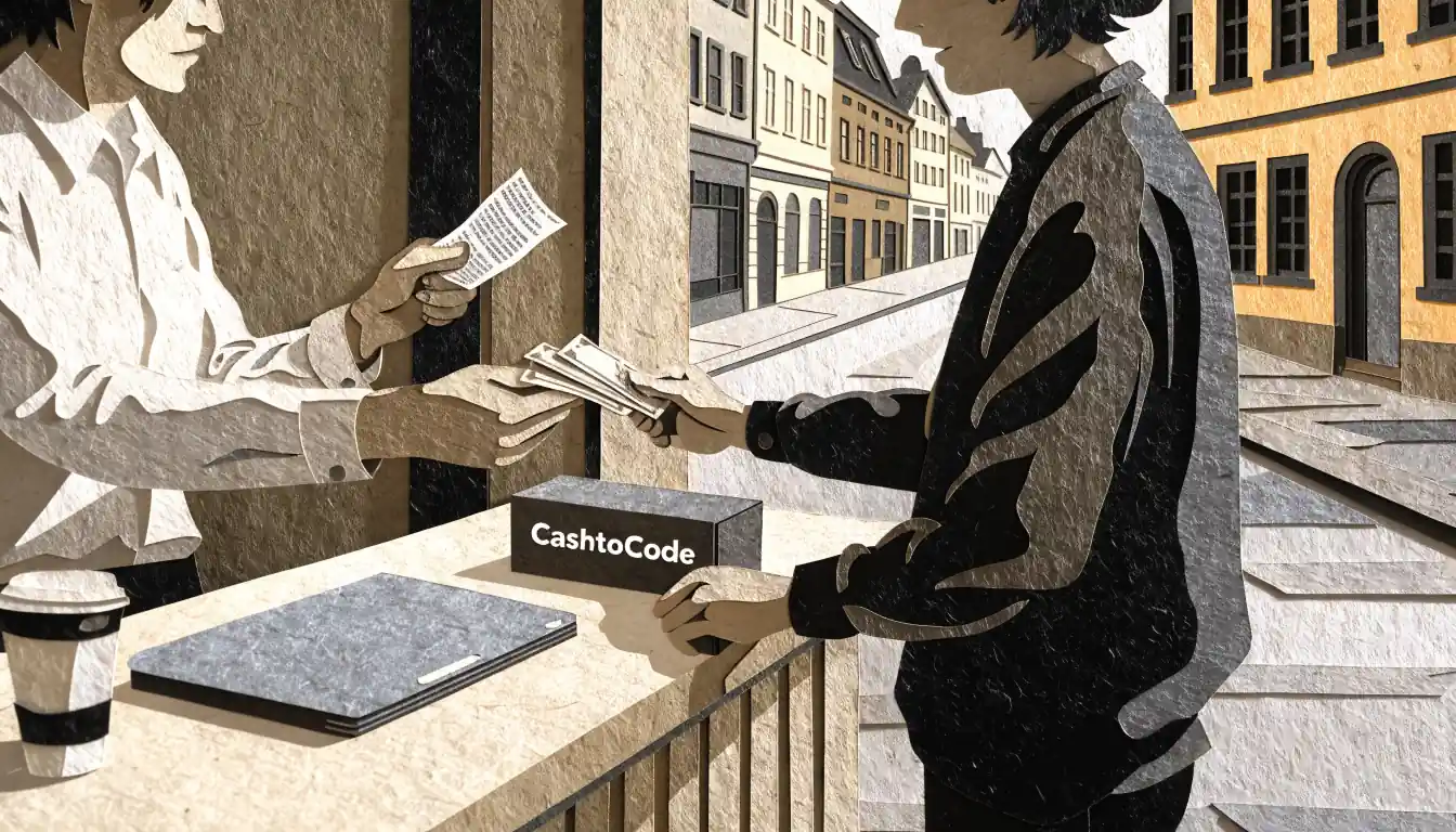 Kunde kauft CashtoCode-Gutschein mit Bargeld in einem deutschen Kiosk.