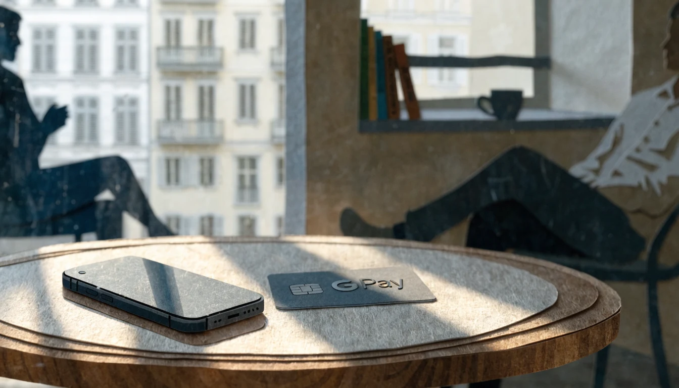 Smartphone mit Google Pay auf einer Kreditkarte an einem Cafétisch.