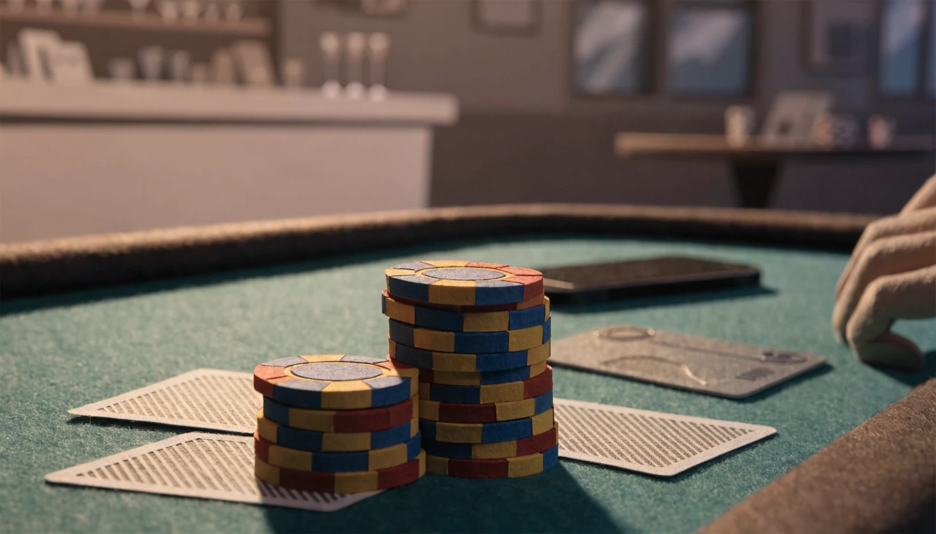 Casinotisch mit Spielchips, Karten, Smartphone und Zahlungskarte