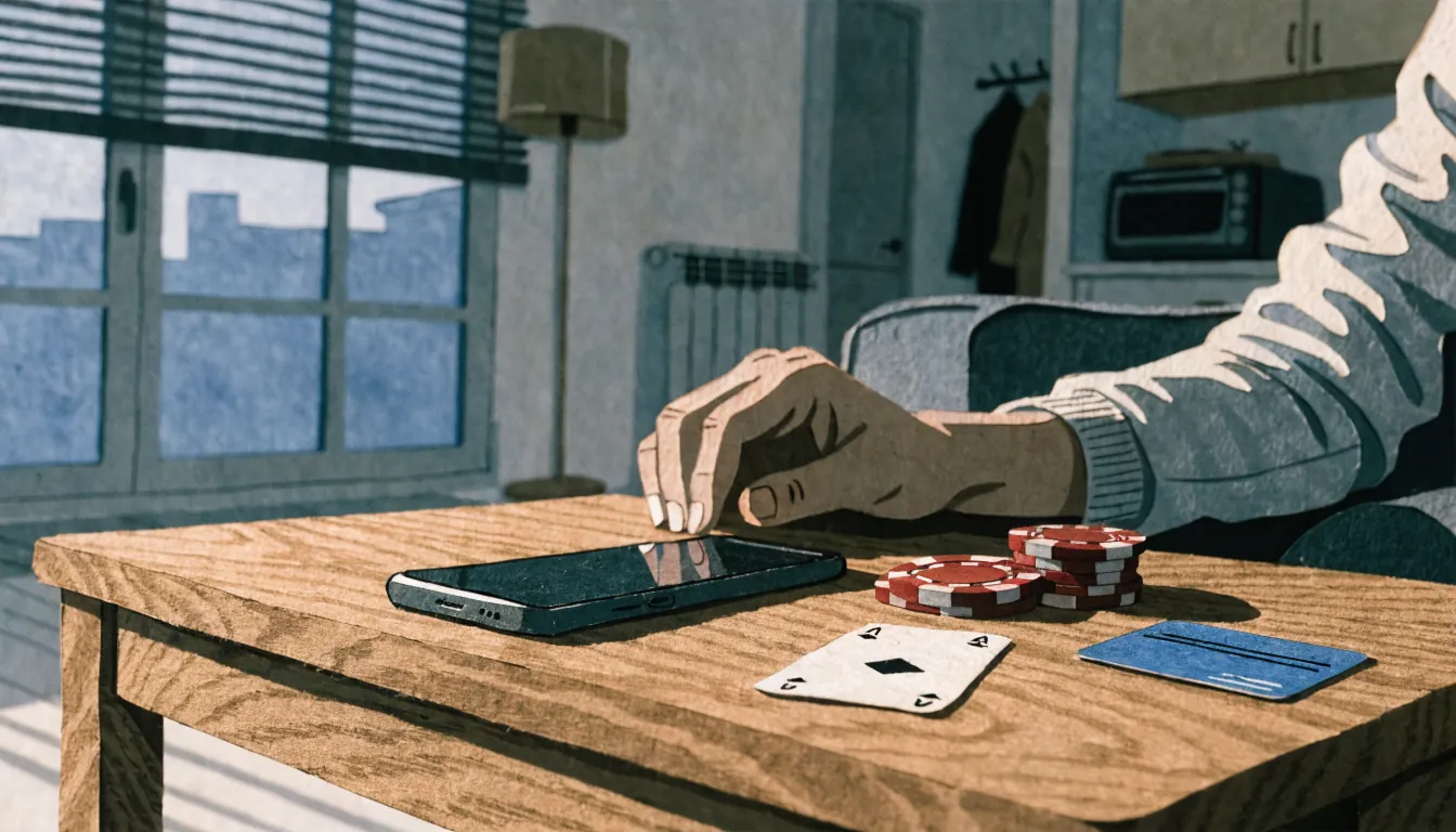 Smartphone auf Holztisch mit Casino-Chips, Spielkarte und Bankkarte in modernem deutschen Wohnzimmer