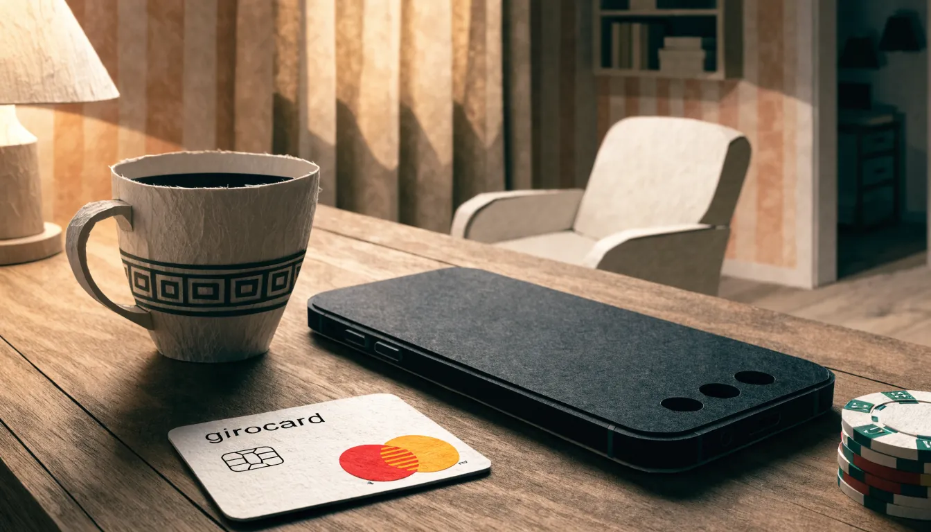 Smartphone mit deutscher Girocard und Casino-Chips auf Schreibtisch in Wohnung