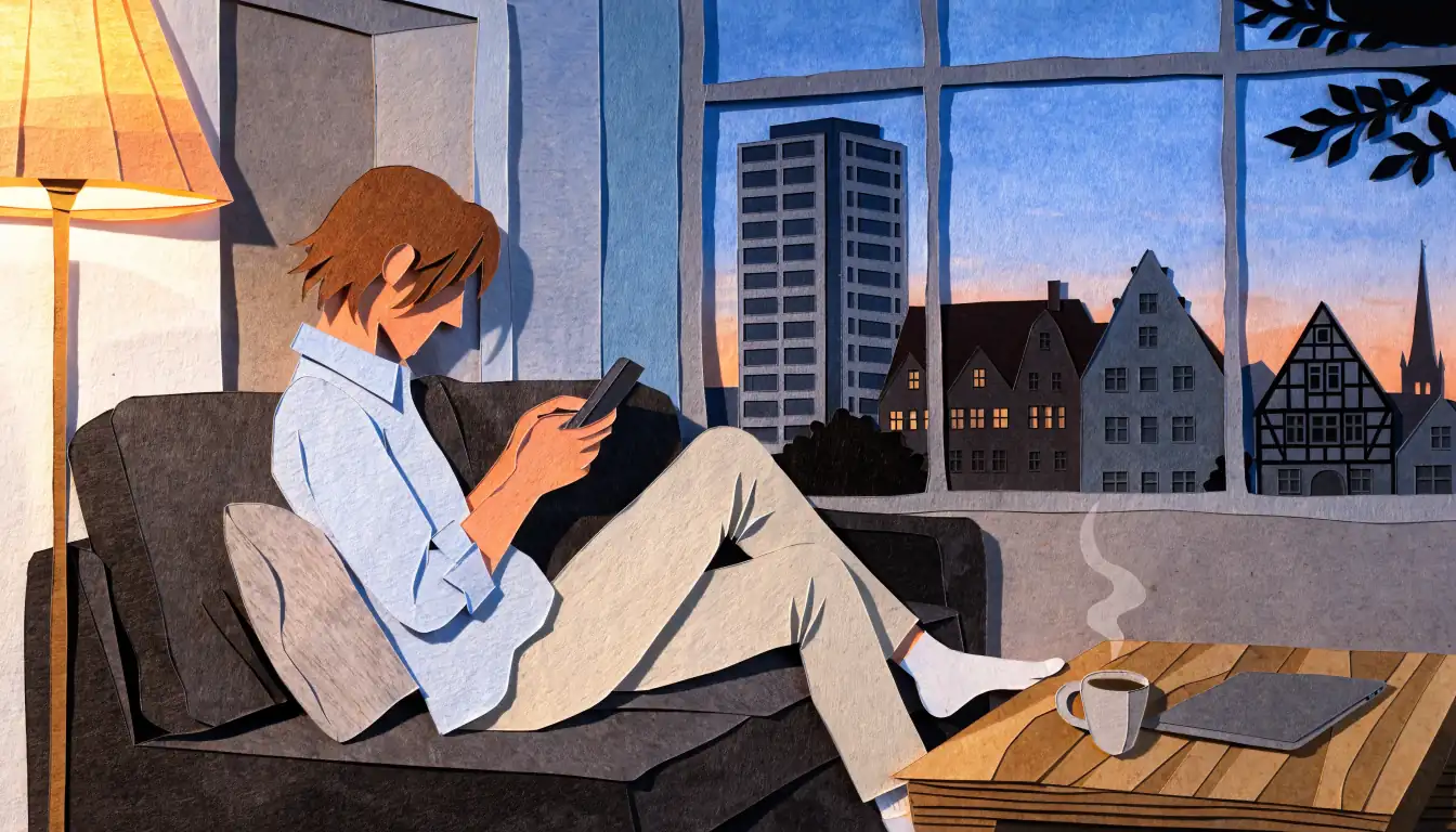 Gemütliches deutsches Wohnzimmer am Abend mit Person und Smartphone auf dem Sofa