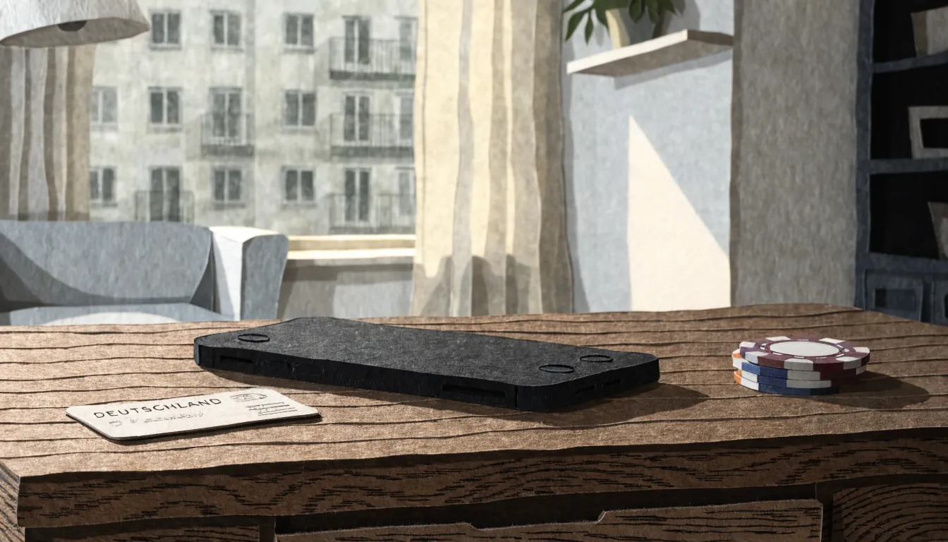Smartphone, Bankkarte und Casino-Spielchips auf einem Holztisch bei Tageslicht.