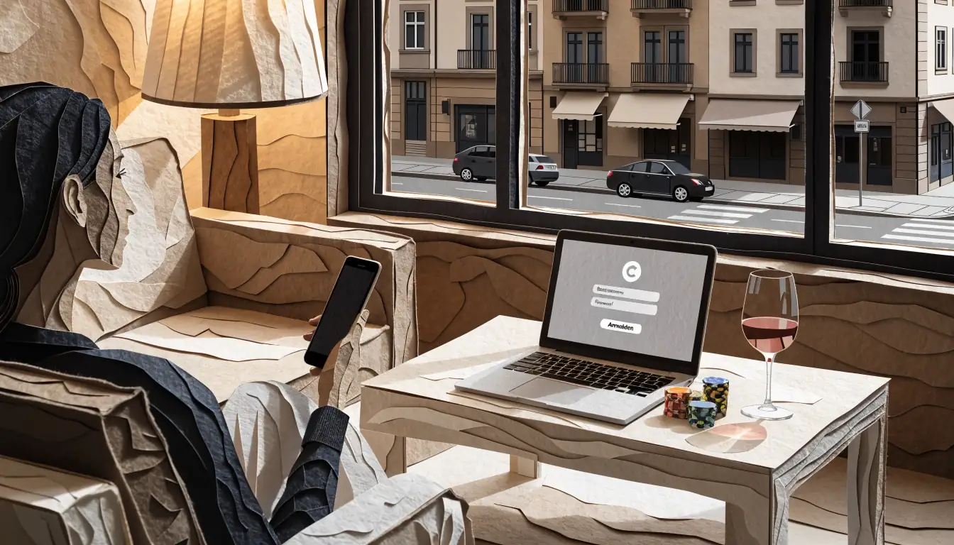 Abendliche Szene im Wohnzimmer mit Smartphone, Laptop und Pokerchips