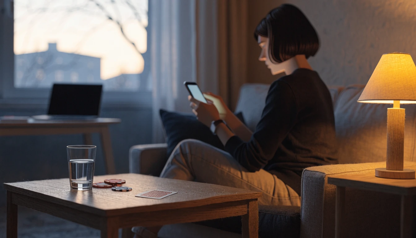 Person mit Smartphone auf der Couch, Casino-Chips und Spielkarte auf dem Tisch.