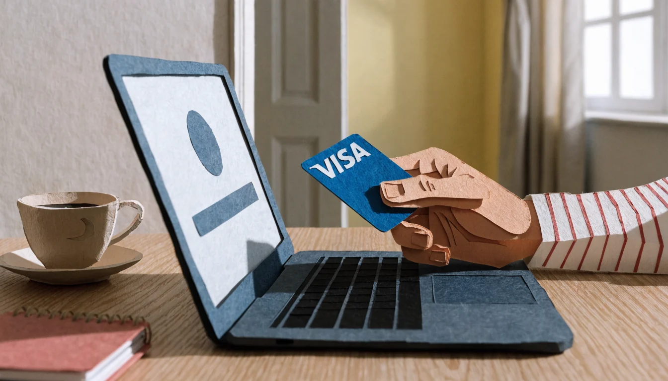 Hand mit Visa-Kreditkarte neben einem Laptop auf dem Schreibtisch.