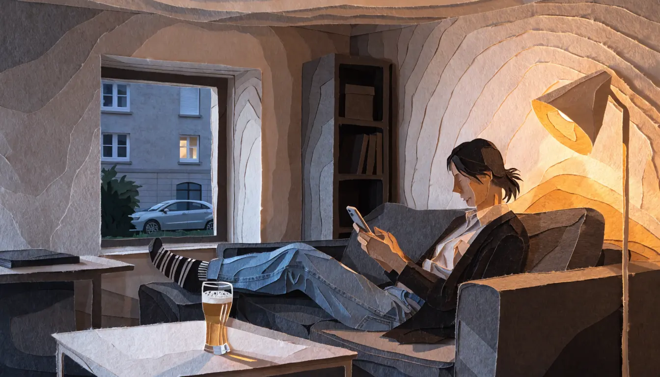 Gemütliches deutsches Wohnzimmer am Abend, Person mit Smartphone auf der Couch