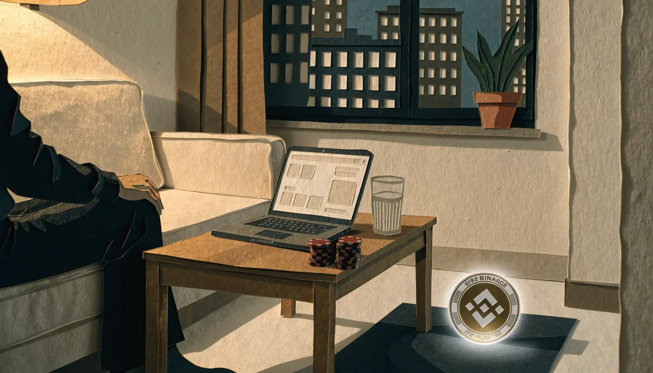 Abendlicher Wohnraum mit Laptop, Casino-Chips und einer leuchtenden Binance-Coin-Münze auf dem Tisch.