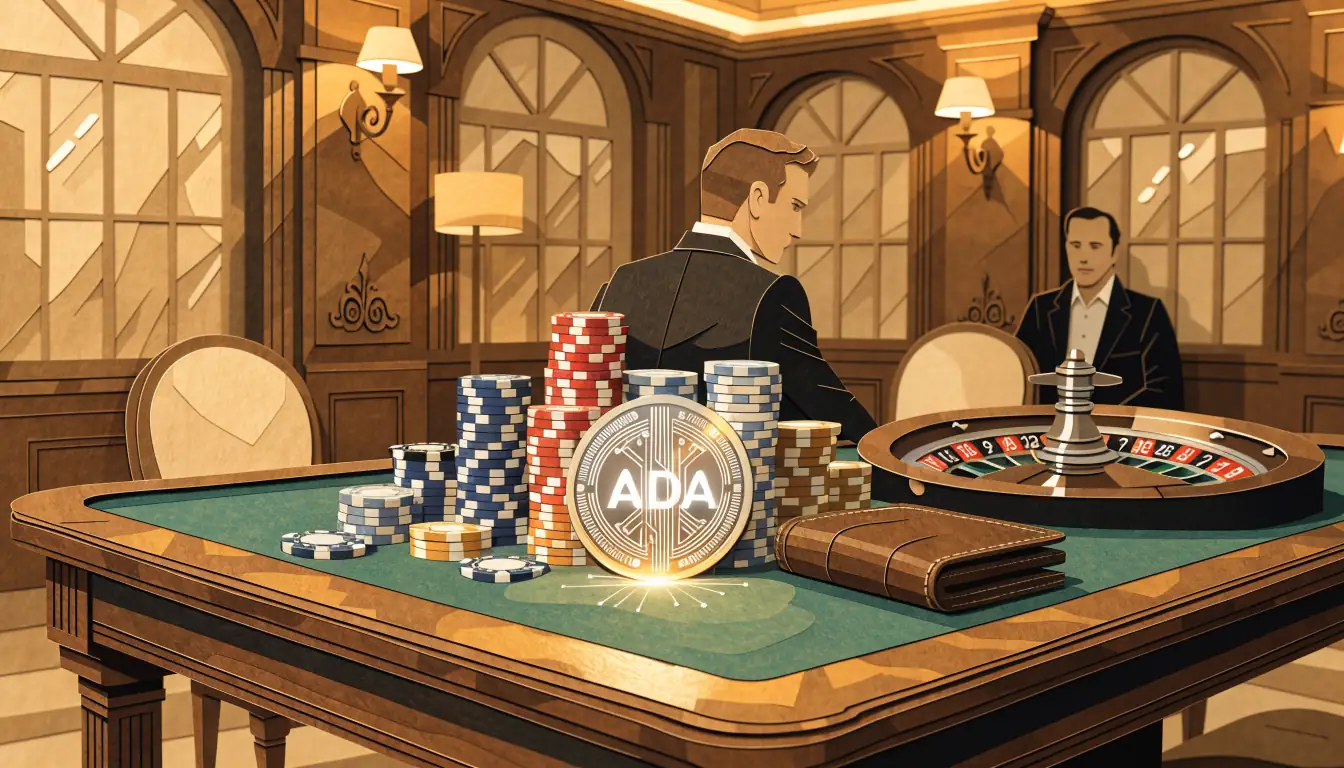 Elegante deutsche Casino-Lounge mit Pokerchips, Rouletterad und einer leuchtenden Cardano-ADA-Münze auf grünem Filztisch.