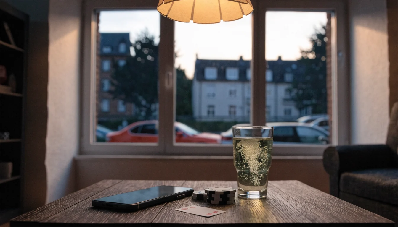 Smartphone auf Couchtisch mit Casino-Chips und Spielkarte in deutscher Wohnung