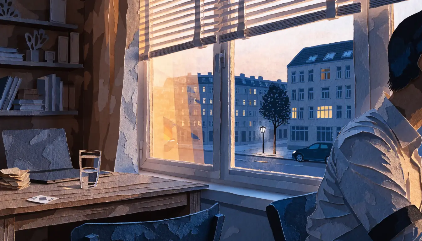 Berliner Wohnung bei Dämmerung mit Laptop und Spielchips auf dem Schreibtisch