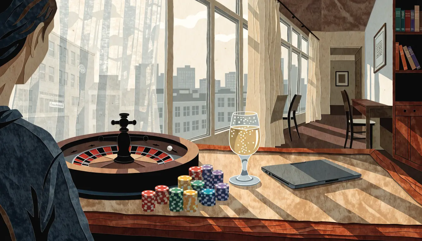 Gamingtisch mit gestapelten Chips, Rouletterad und geschlossenem Laptop in moderner deutscher Wohnung