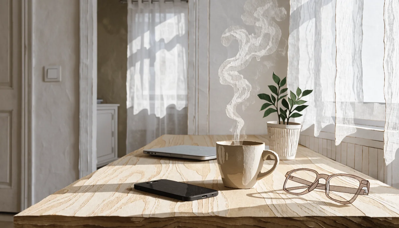 Smartphone liegt mit der Vorderseite nach unten auf einem Schreibtisch in einer modernen deutschen Wohnung neben einer Kaffeetasse.