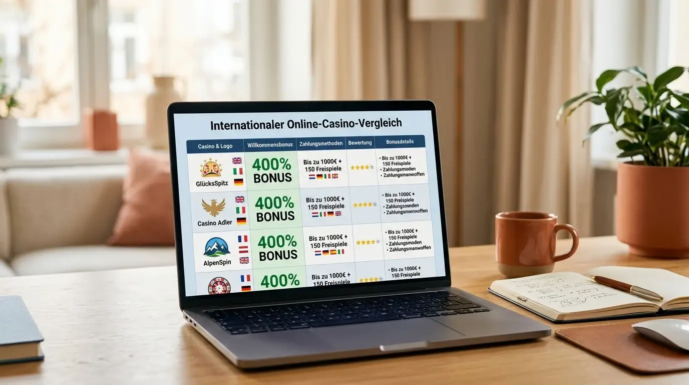 Laptop mit geöffneter Vergleichstabelle internationaler Online-Casinos