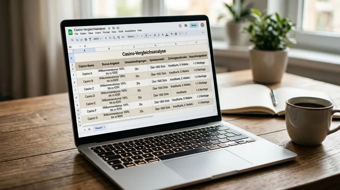 Laptop-Bildschirm mit Vergleichstabelle internationaler Casino-Anbieter ohne Logos