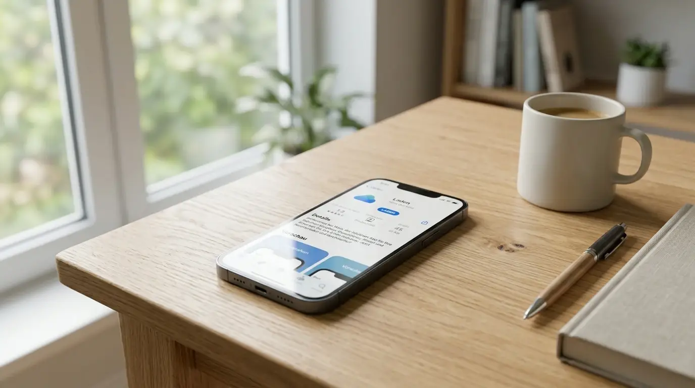 iPhone auf einem Schreibtisch mit geöffnetem App Store und neutralem App-Download-Bildschirm
