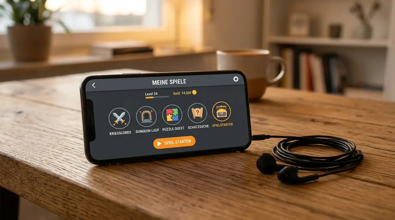 Smartphone auf Holztisch mit geöffneter neutraler mobiler Gaming-Oberfläche und generischen runden Symbolen, keine Markennamen sichtbar, warmtoniges indirektes Licht