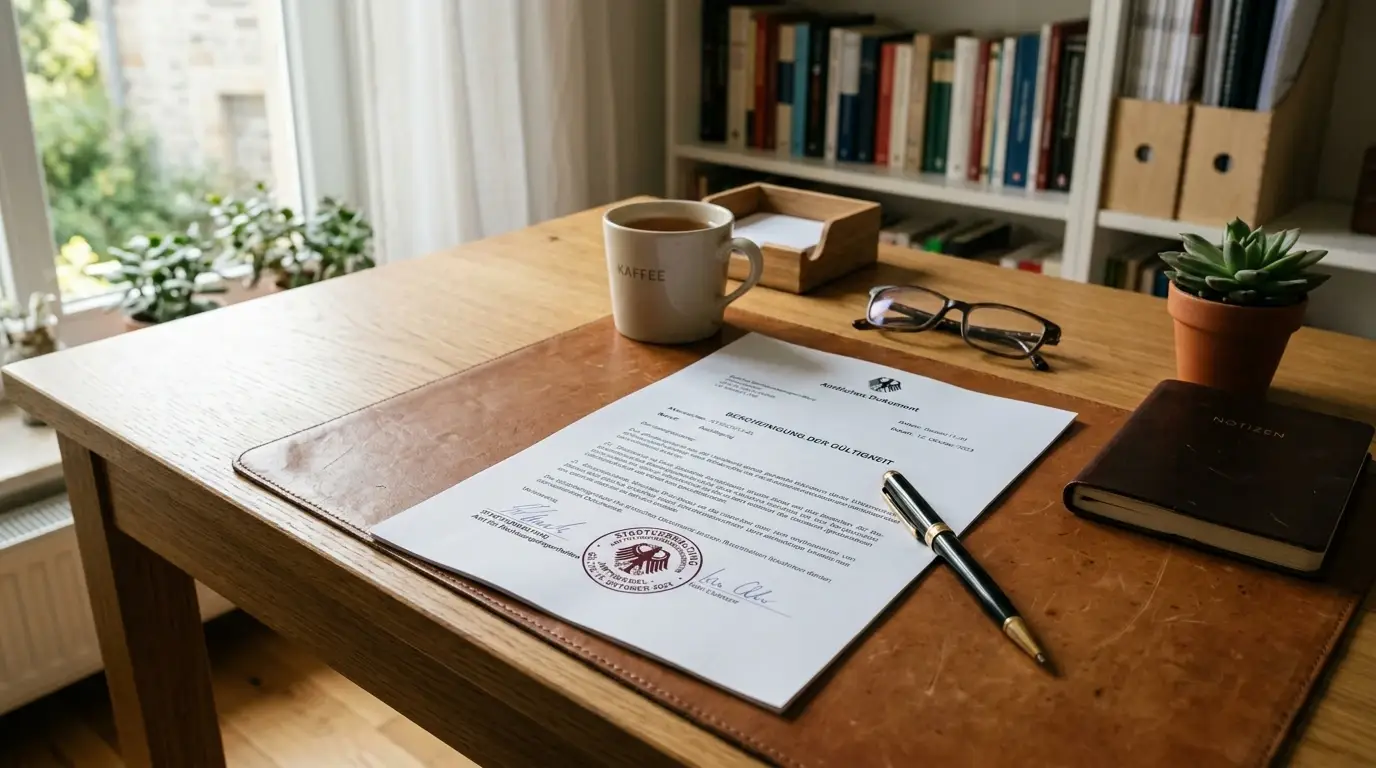 Offizielles Dokument mit amtlichem Stempel auf einem aufgeräumten Schreibtisch, daneben ein Kugelschreiber
