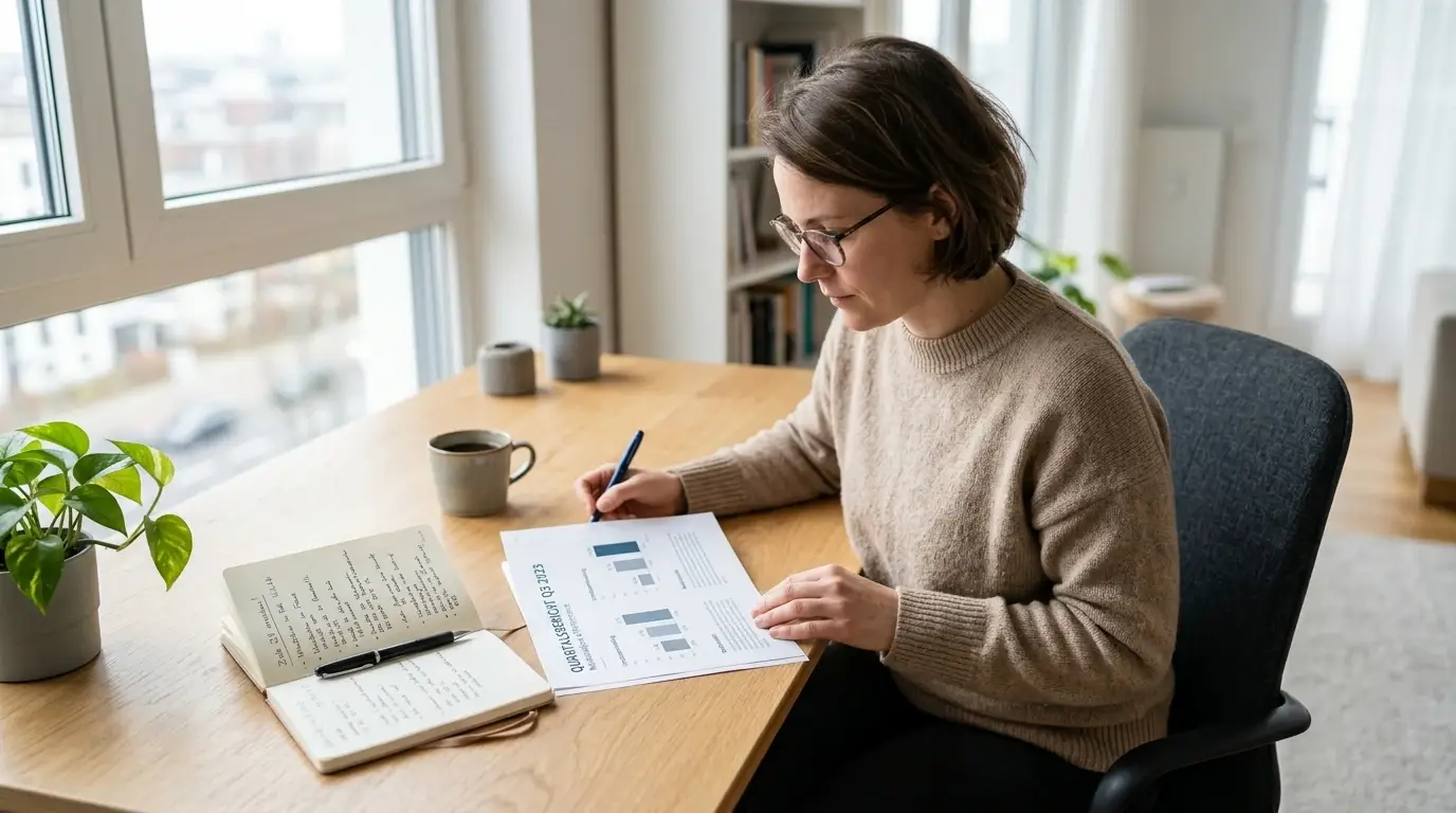 Person an hellem Schreibtisch beim Durchsehen eines gedruckten Analyseberichts mit einfachen Balkendiagrammen, daneben ein Notizbuch mit handschriftlichen Notizen