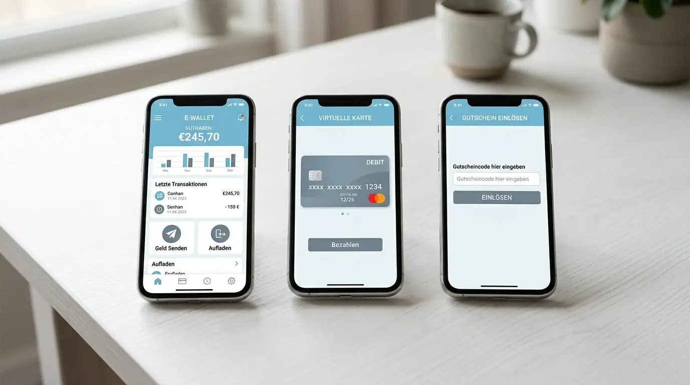 Drei Smartphone-Displays nebeneinander zeigen Jeton Wallet App, Jeton Card Interface und JetonCash Voucher-Code