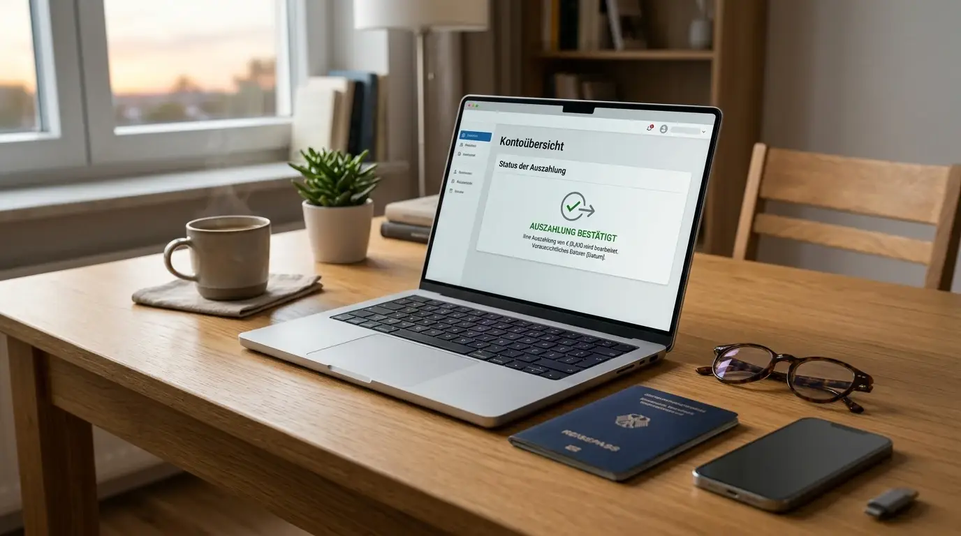 Neutrale Auszahlungsszene mit Dokumenten und sicherem Onlinekonto