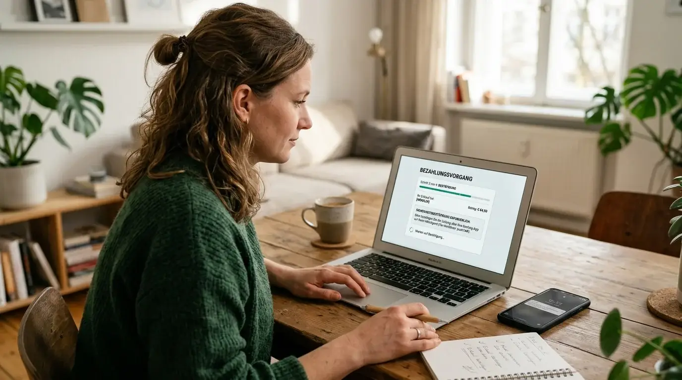 Person prüft neutralen Zahlungsablauf am Laptop