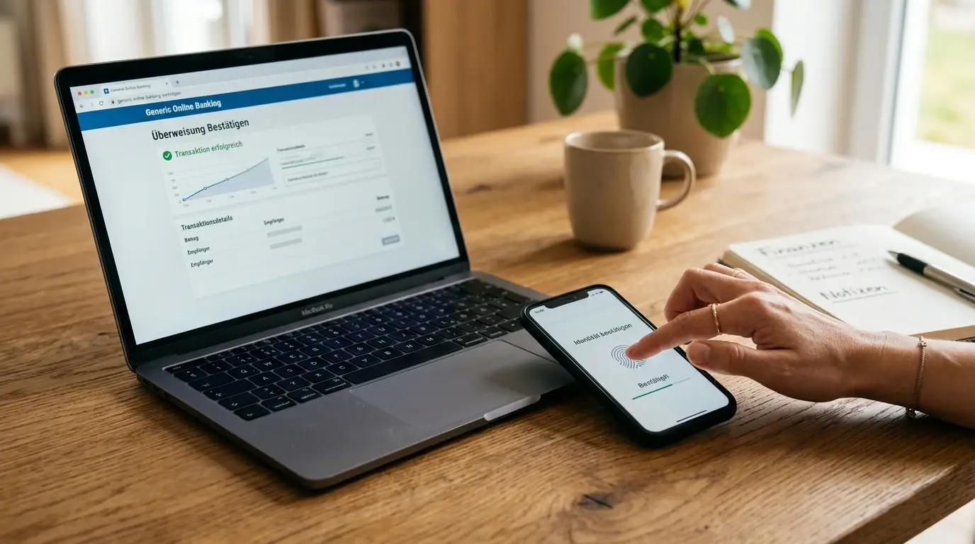 Smartphone neben neutralem Onlinebanking und Zahlungsbestätigung