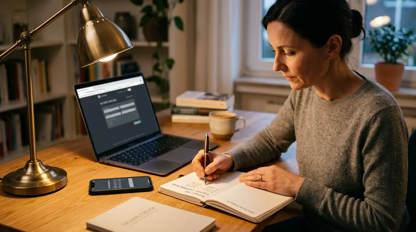 Person notiert ein kleines Einzahlungsbudget neben einem neutralen Smartphone