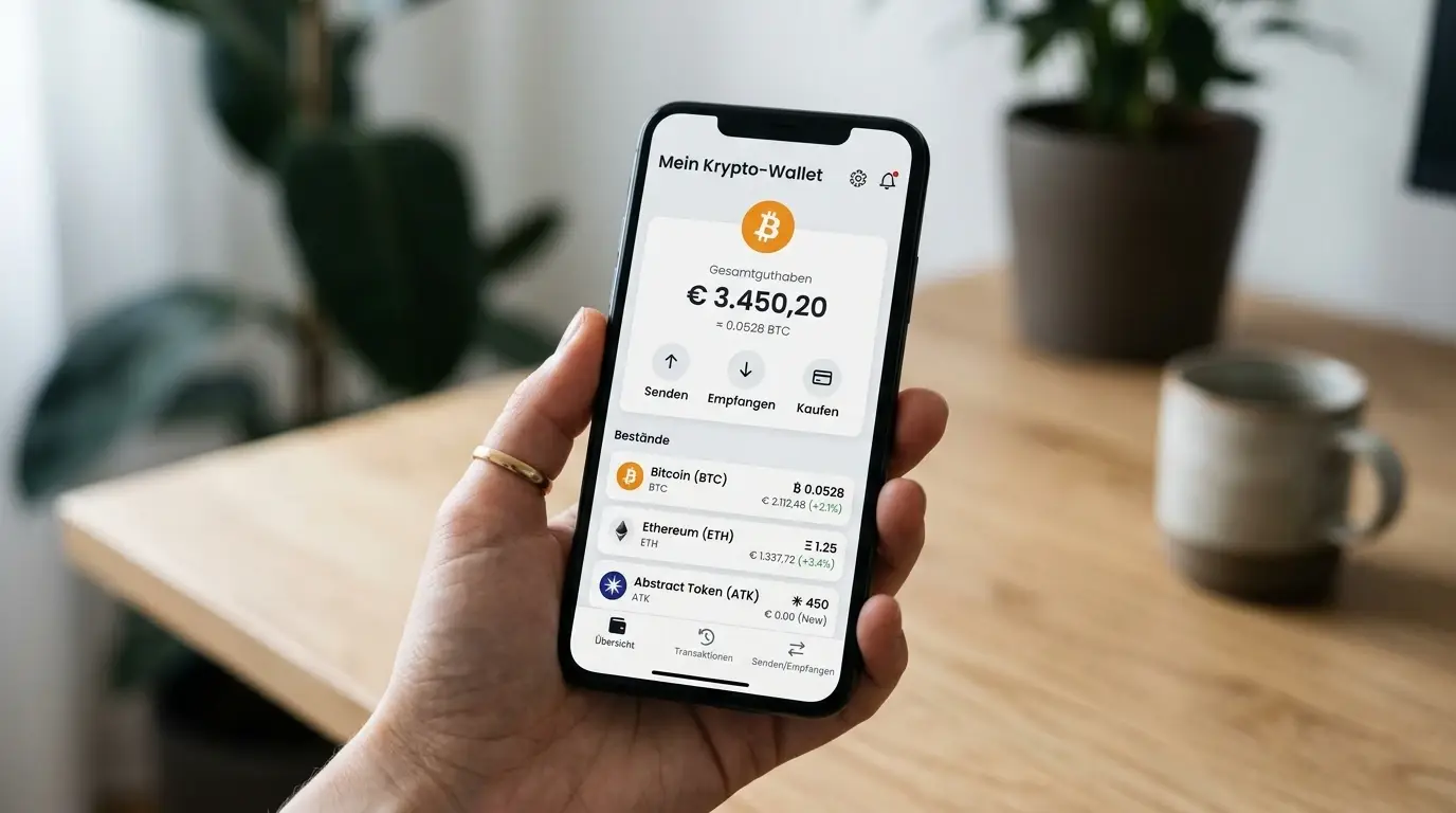Nahaufnahme eines Krypto-Wallets mit Bitcoin-Symbol auf Smartphone