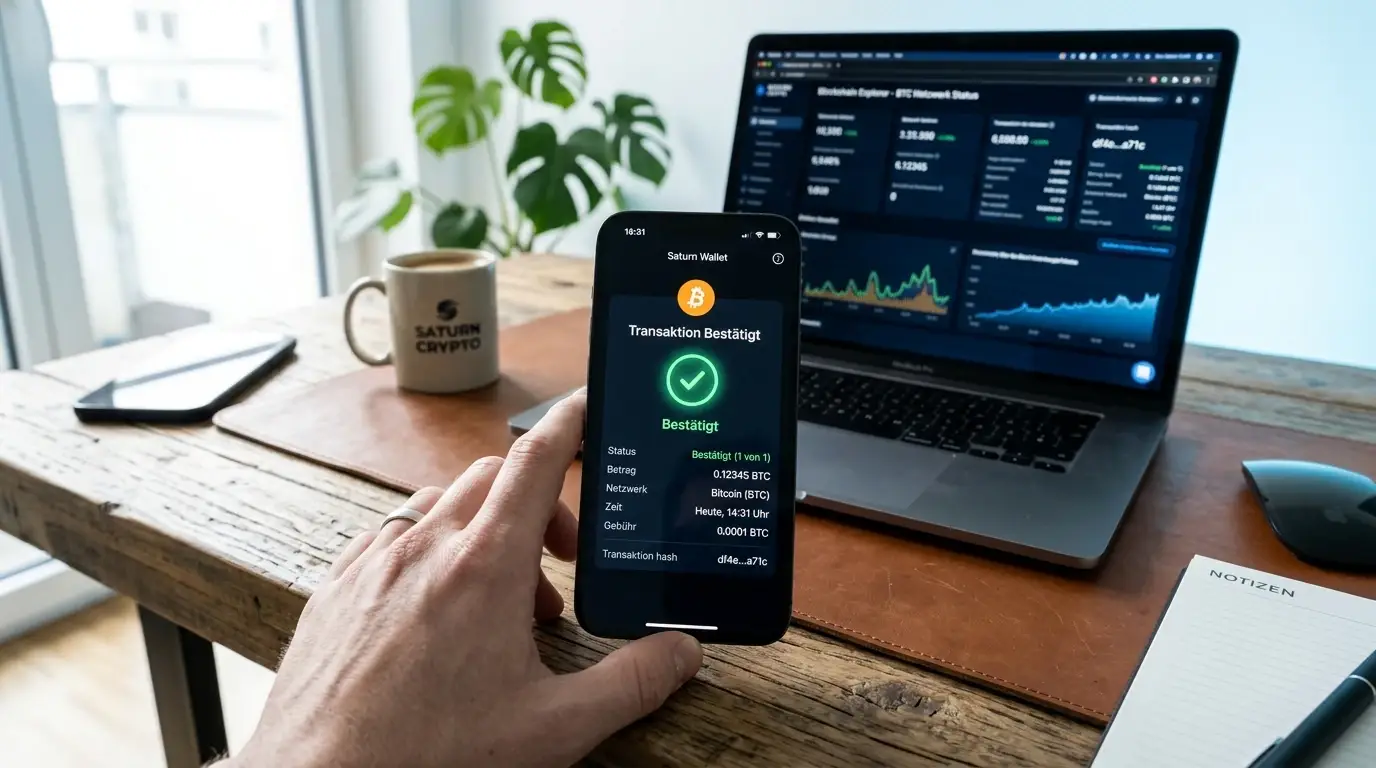 Smartphone mit Krypto-Wallet und Auszahlungsbestätigung