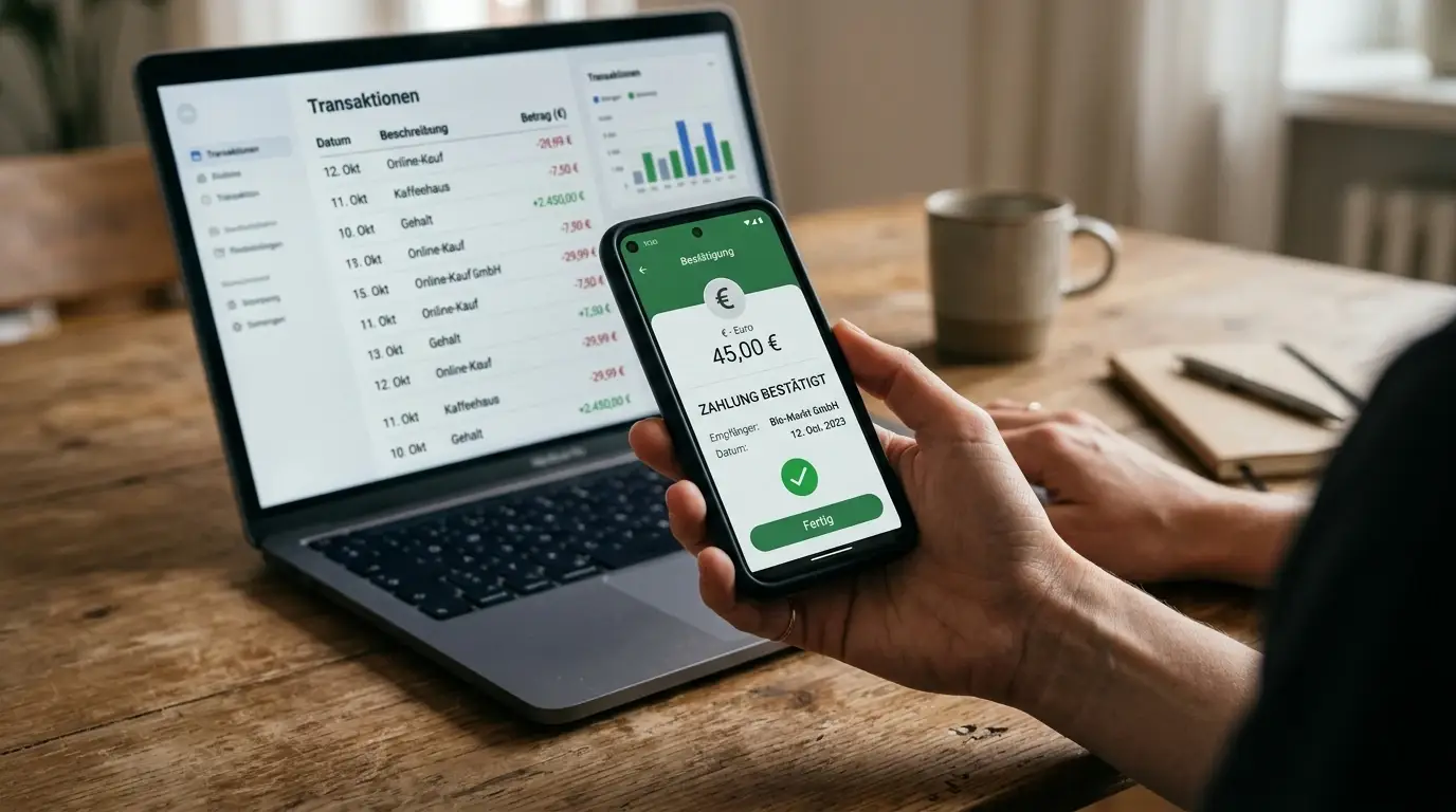Smartphone zeigt Krypto-Wallet-Auszahlung mit Bestätigungsbildschirm, neutrales Büroambiente