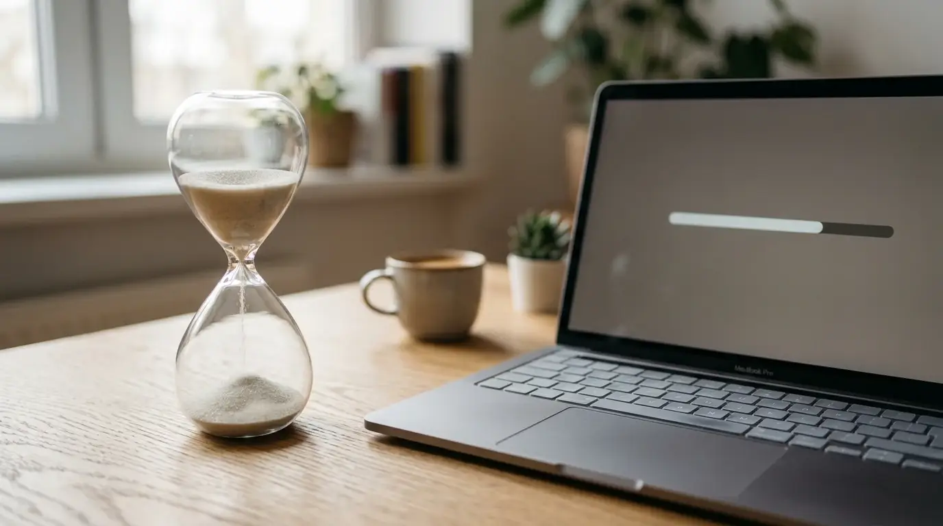 Hand hält eine Sanduhr neben einem Laptop mit ruhiger Fortschrittsanzeige