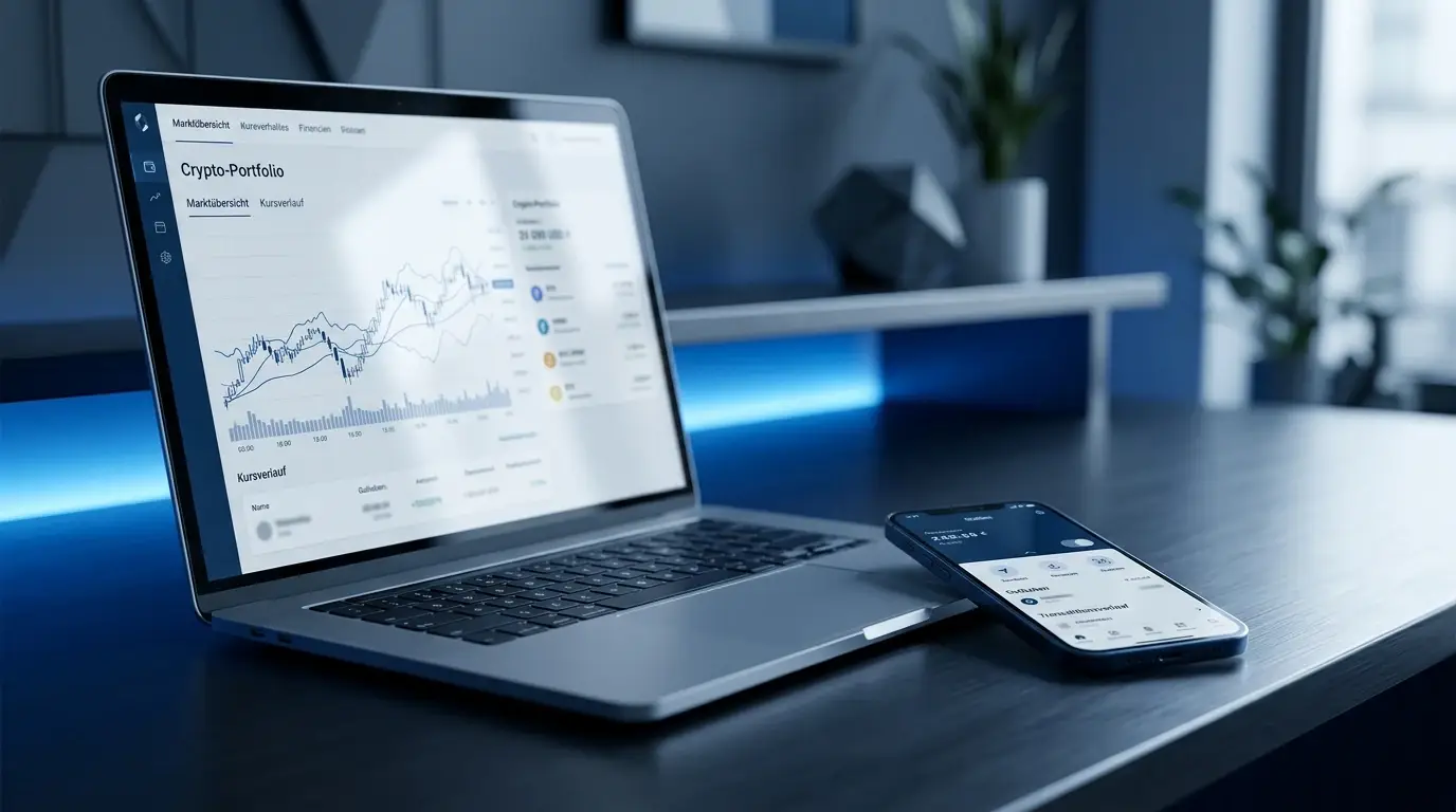 Laptop mit Kryptowährungs-Grafik und Casino-Oberfläche