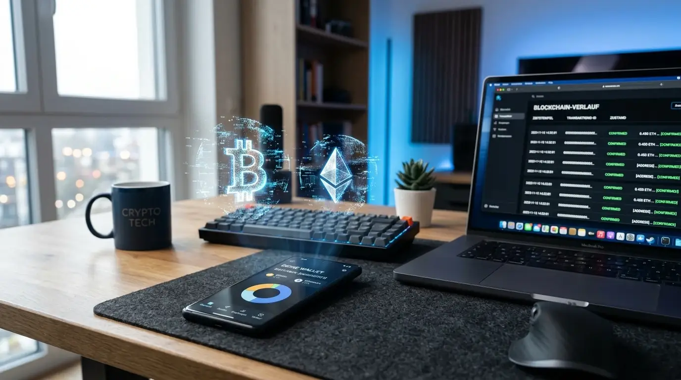 Smartphone mit Krypto-Wallet und abstrakten Bitcoin-Symbolen
