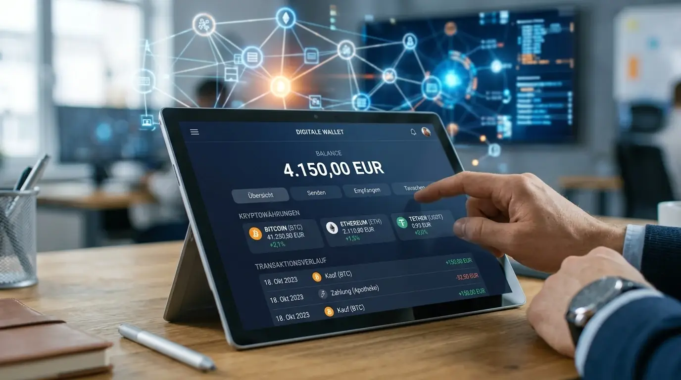 Tablet mit digitalem Wallet und Kryptowährungsoptionen