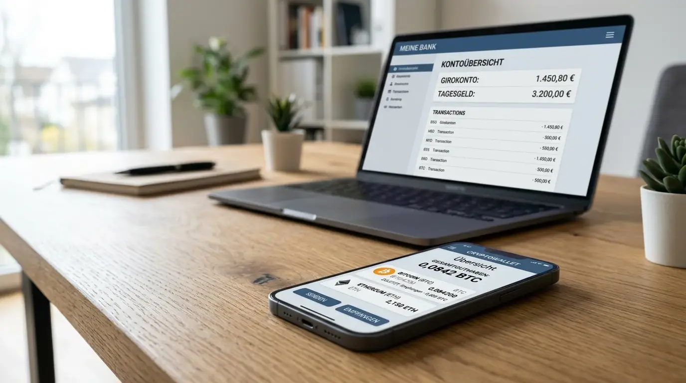 Smartphone mit Banking-App und Krypto-Wallet-Interface