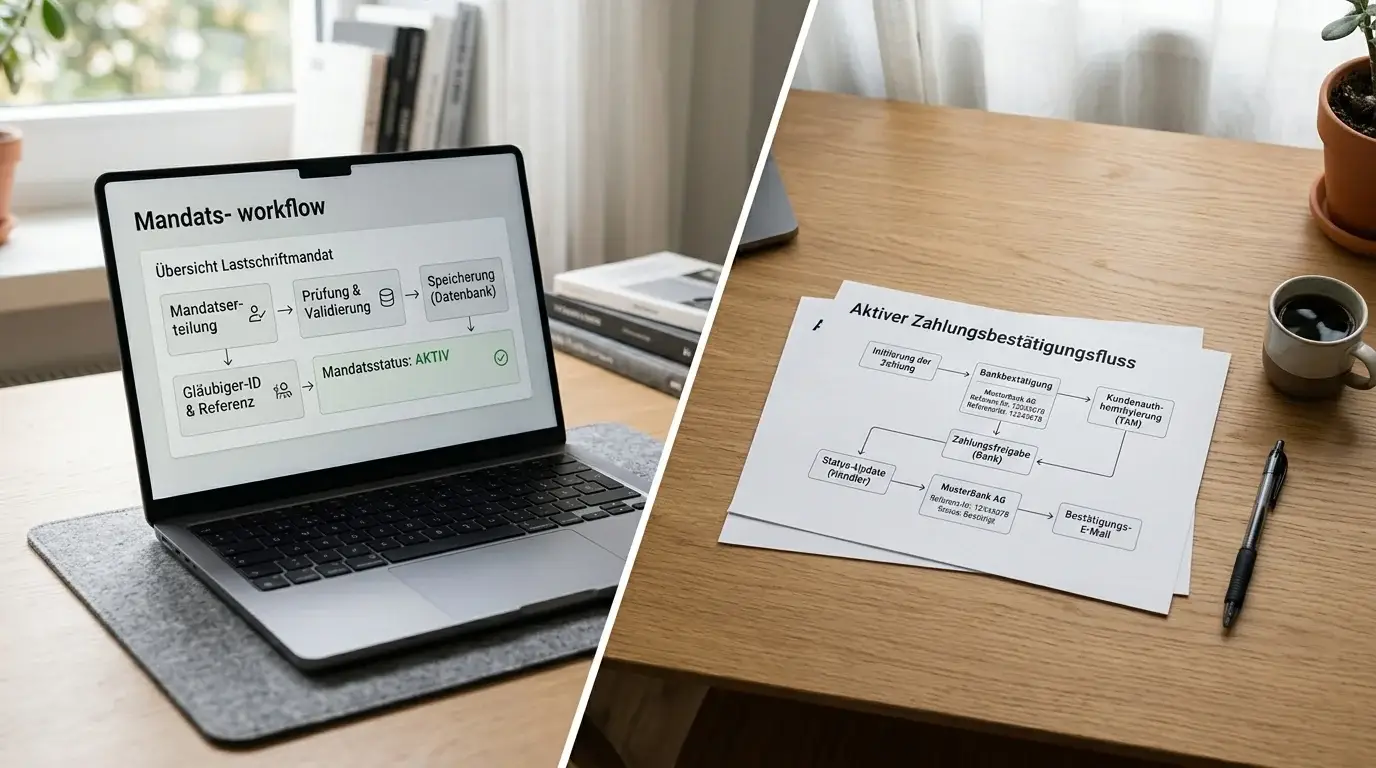 Vergleich von Lastschrift und bankbasierter Sofortzahlung am Laptop