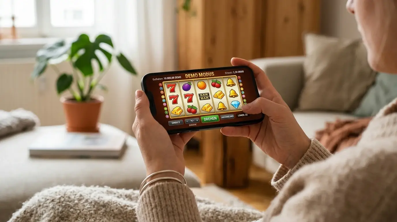 Smartphone mit kostenloser Demo-Version eines Spielautomaten